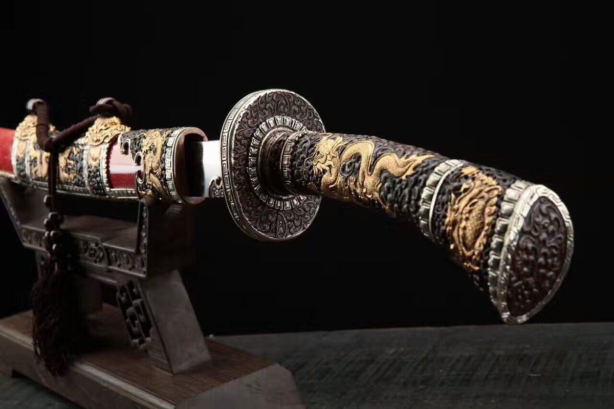 Loong broadsword,Damascus steel blade,Red skin scabbard,Brass fittings - Chinese sword shop
