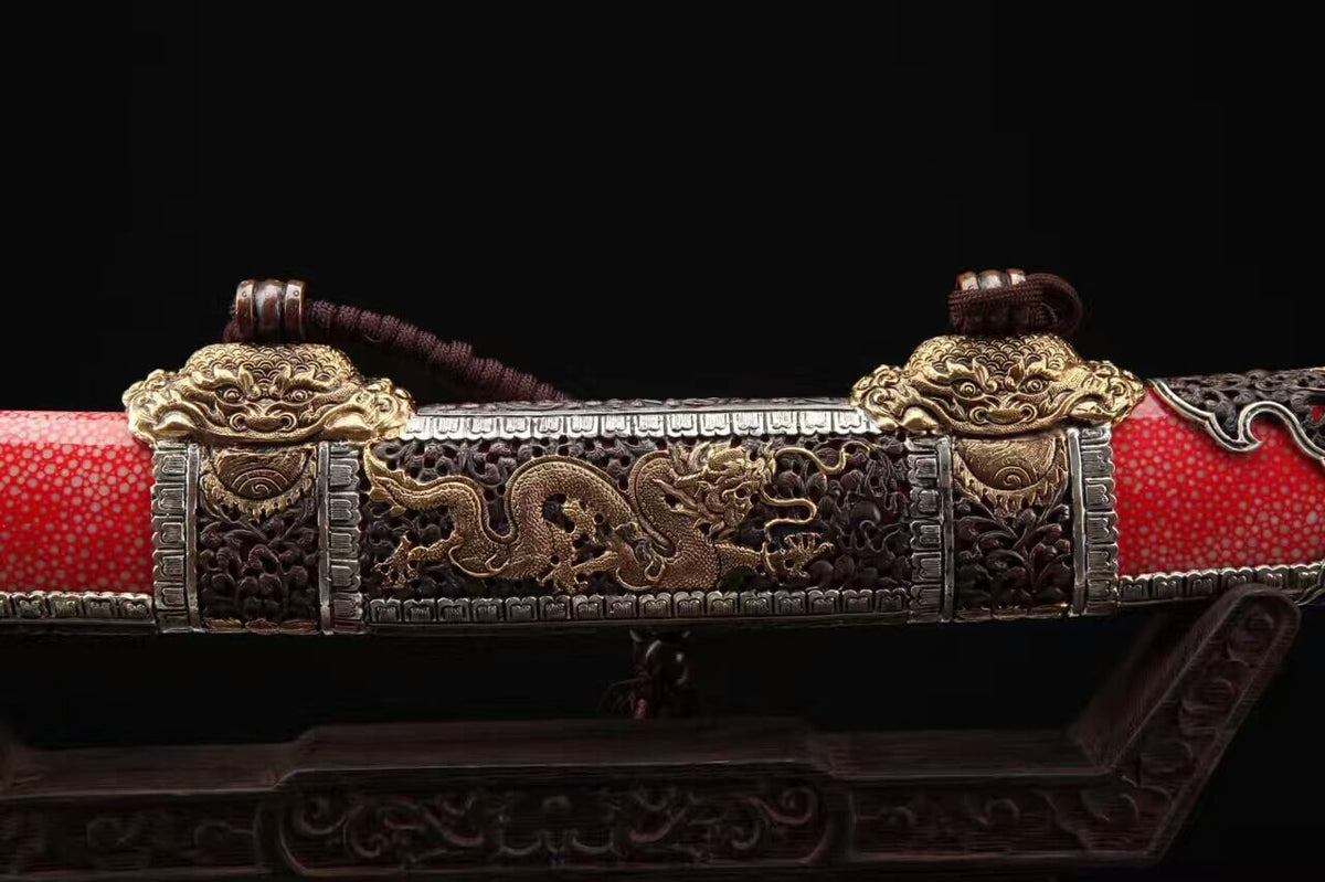 Loong broadsword,Damascus steel blade,Red skin scabbard,Brass fittings - Chinese sword shop