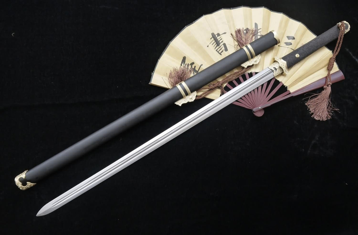 Tang sword,Folded steel,Black scabbard,skin hilt,Copper fitting,Length 39 inch - Chinese sword shop