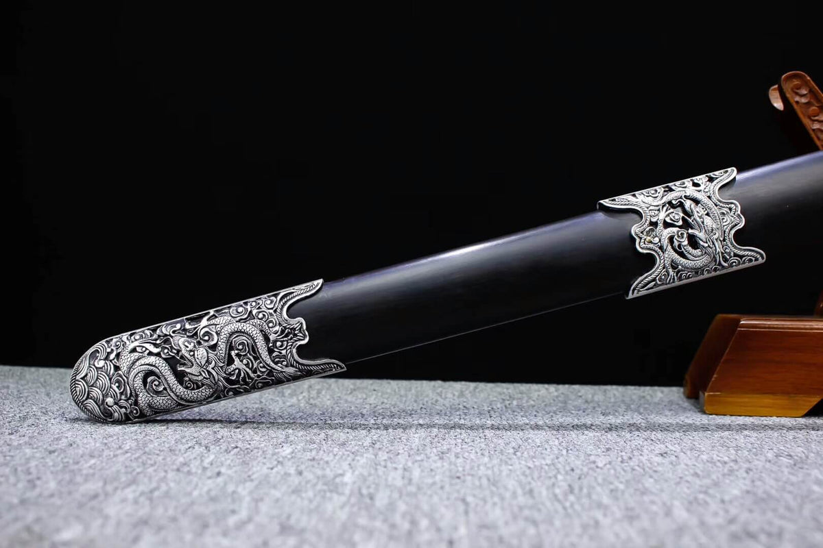 Yunlong jian,Folding pattern steel blade,Alloy fitting,Black scabbard - Chinese sword shop