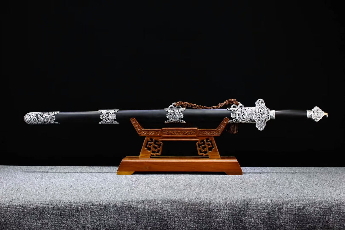 Yunlong jian,Folding pattern steel blade,Alloy fitting,Black scabbard - Chinese sword shop