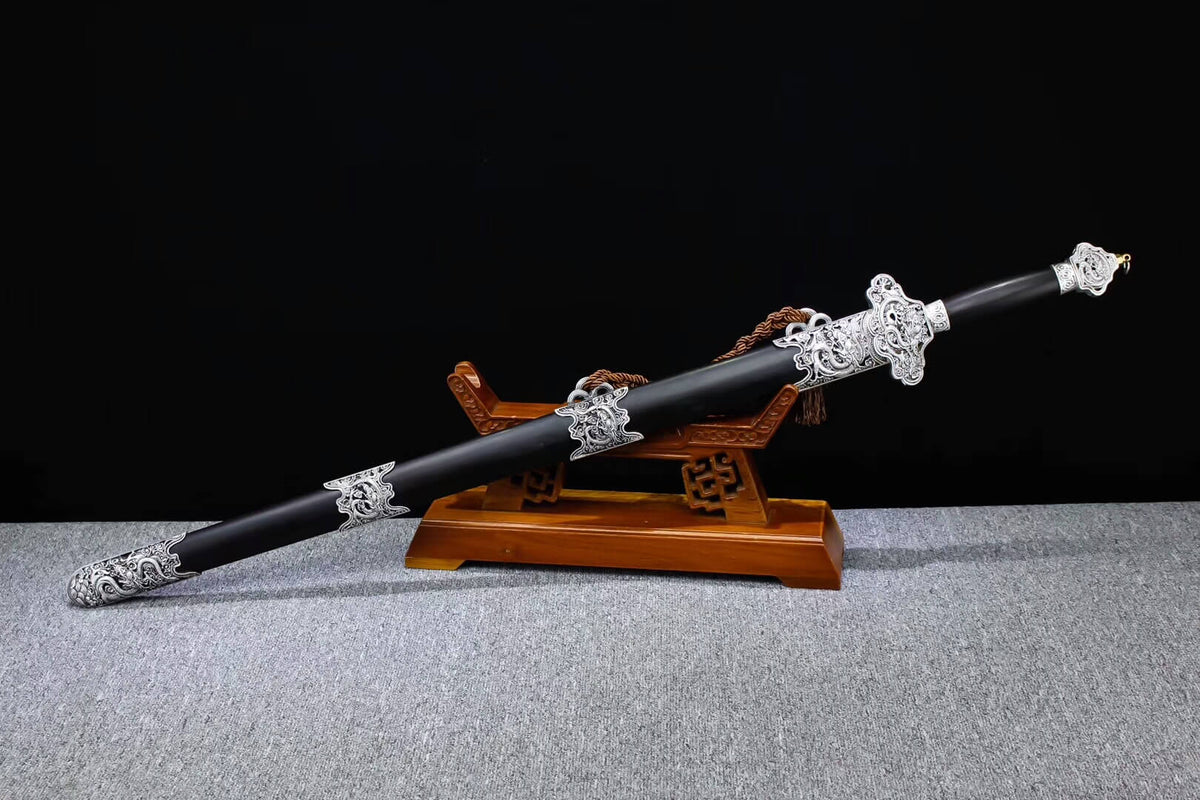 Yunlong jian,Folding pattern steel blade,Alloy fitting,Black scabbard - Chinese sword shop