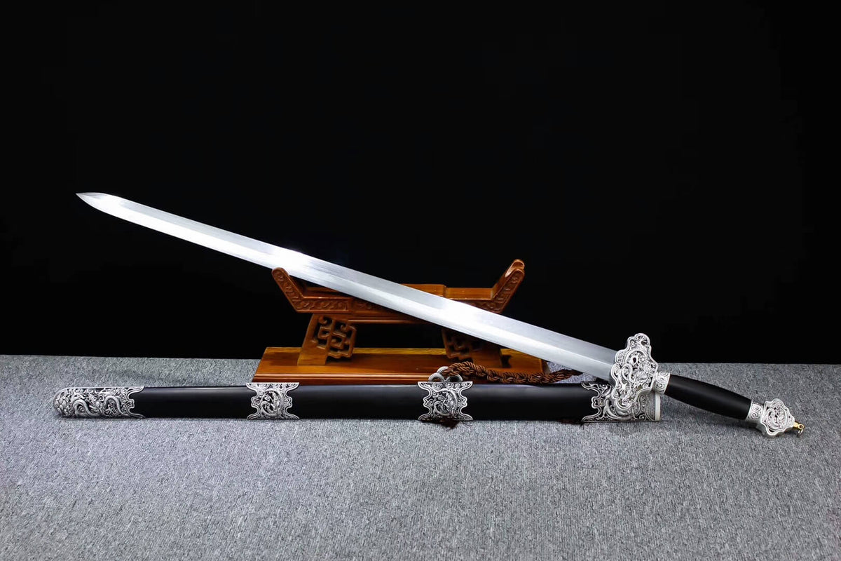 Yunlong jian,Folding pattern steel blade,Alloy fitting,Black scabbard - Chinese sword shop