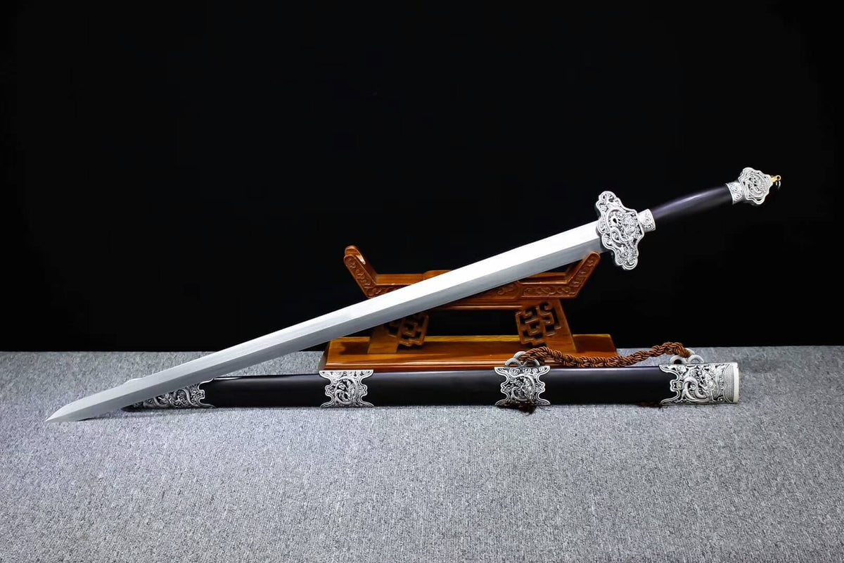 Yunlong jian,Folding pattern steel blade,Alloy fitting,Black scabbard - Chinese sword shop
