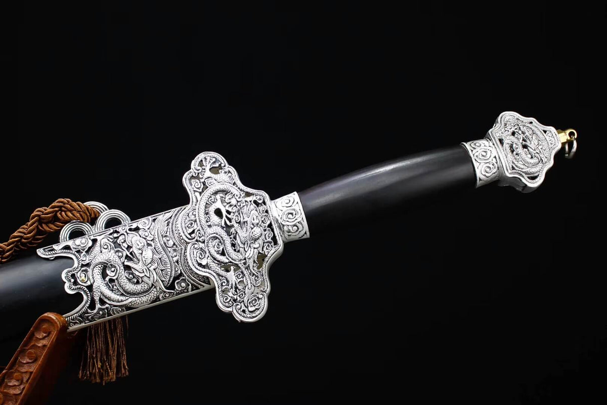 Yunlong jian,Folding pattern steel blade,Alloy fitting,Black scabbard - Chinese sword shop