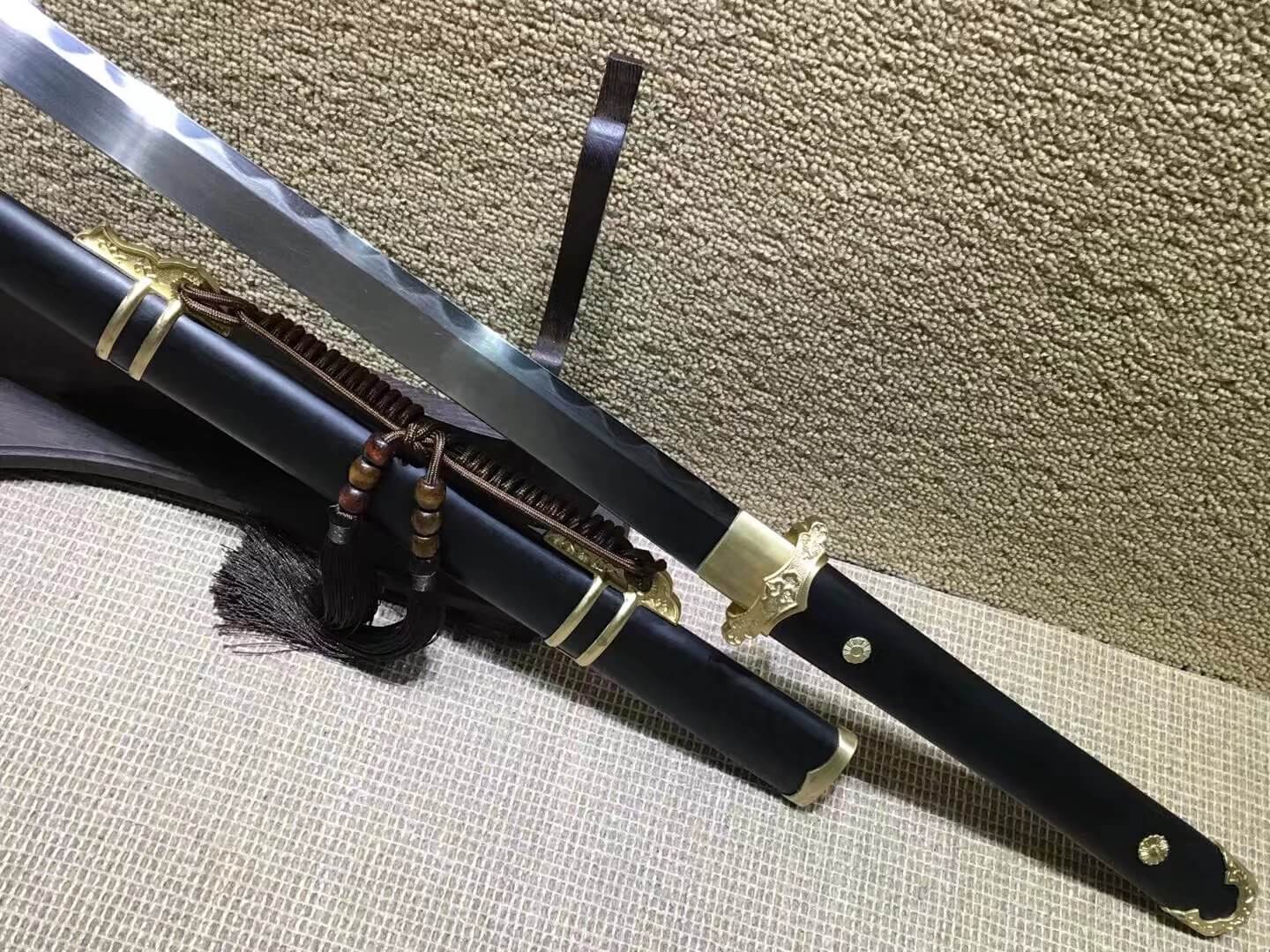 Tang dao,Damascus steel burn blade,Brass fittings,Black scabbard - Chinese sword shop