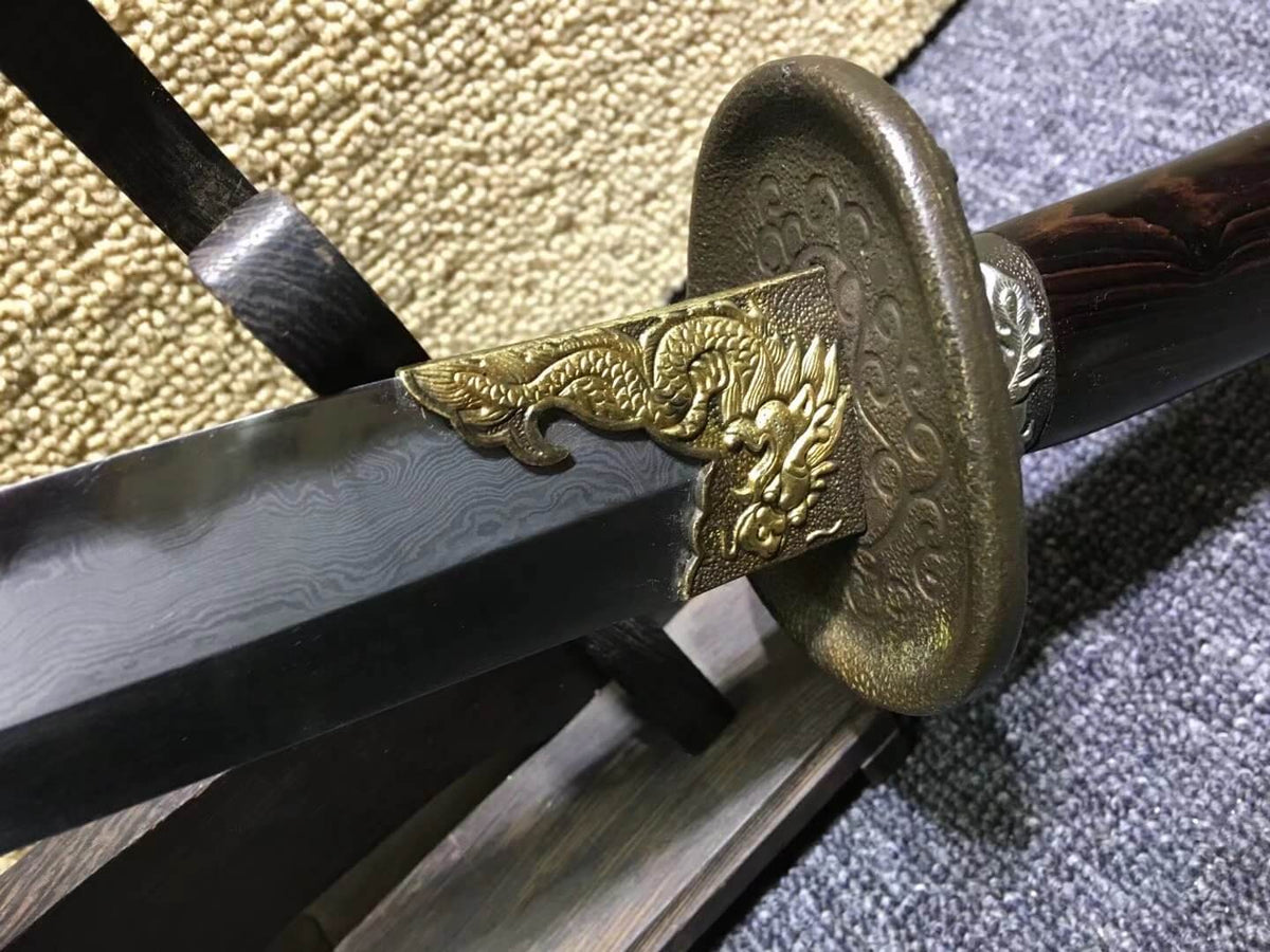 Broadsword,Damascus steel burn blade,Ebony scabbard,Brass fittings&Handmade art - Chinese sword shop