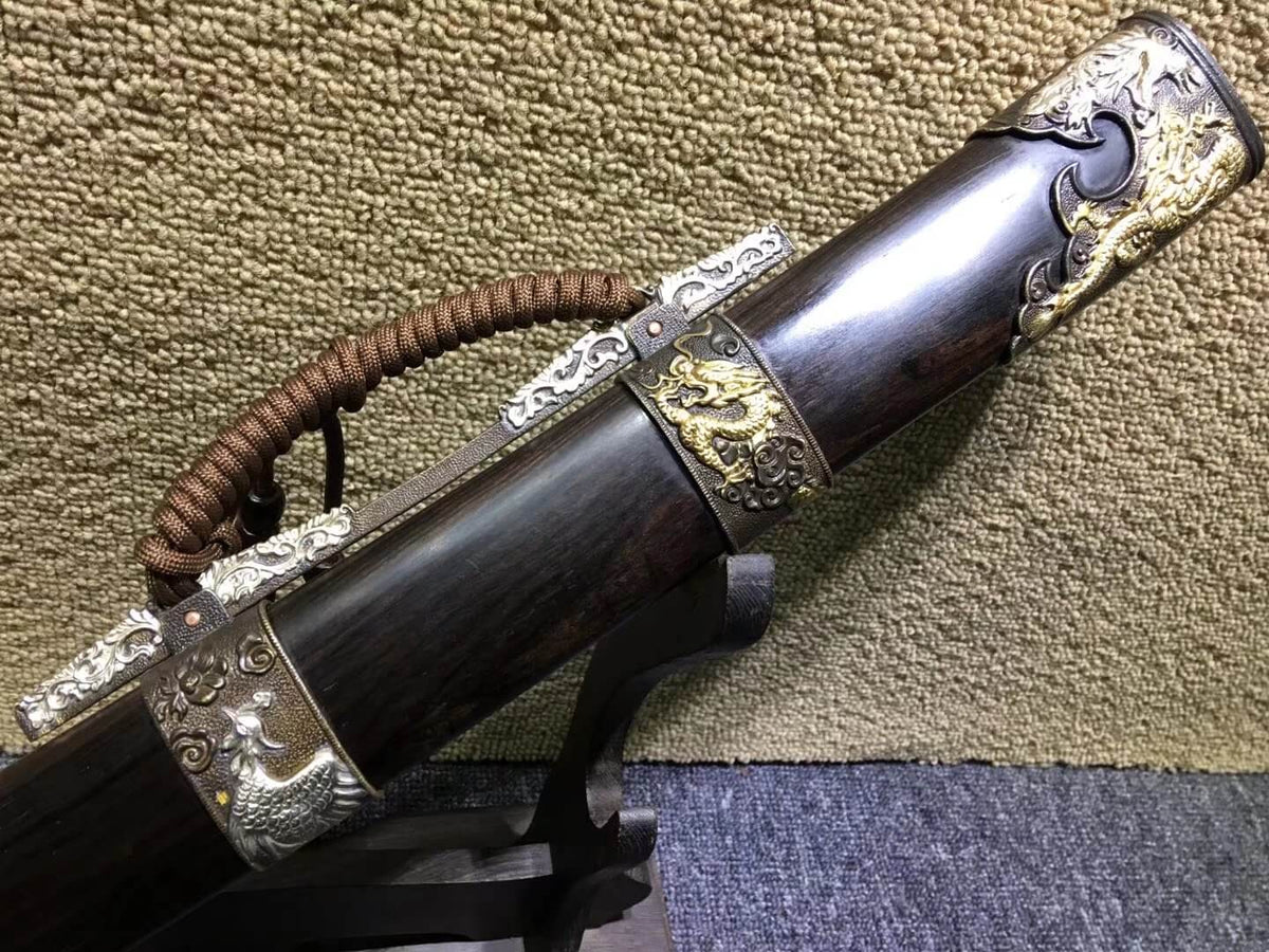 Broadsword,Damascus steel burn blade,Ebony scabbard,Brass fittings&Handmade art - Chinese sword shop