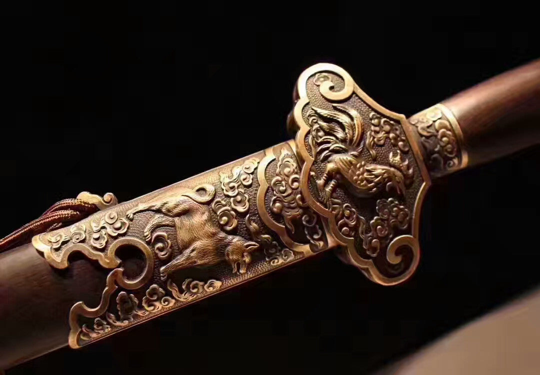 Zodiac sword(Damascus steel blade,Ebony Scabbard,Brass fitted)Length 39" - Chinese sword shop