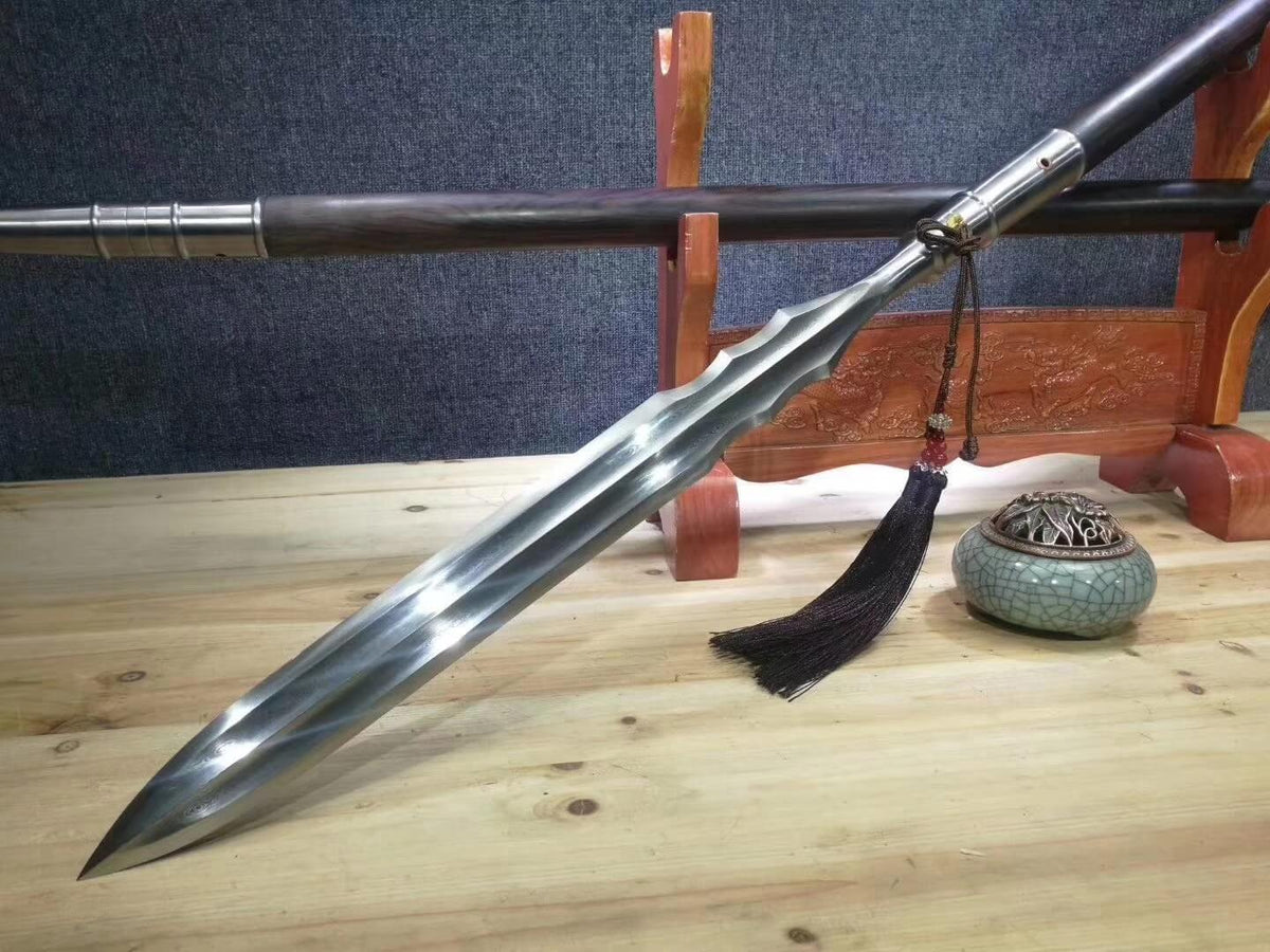 Spear,China lance,Damascus steel Spearhead,Ebony rod - Chinese sword shop