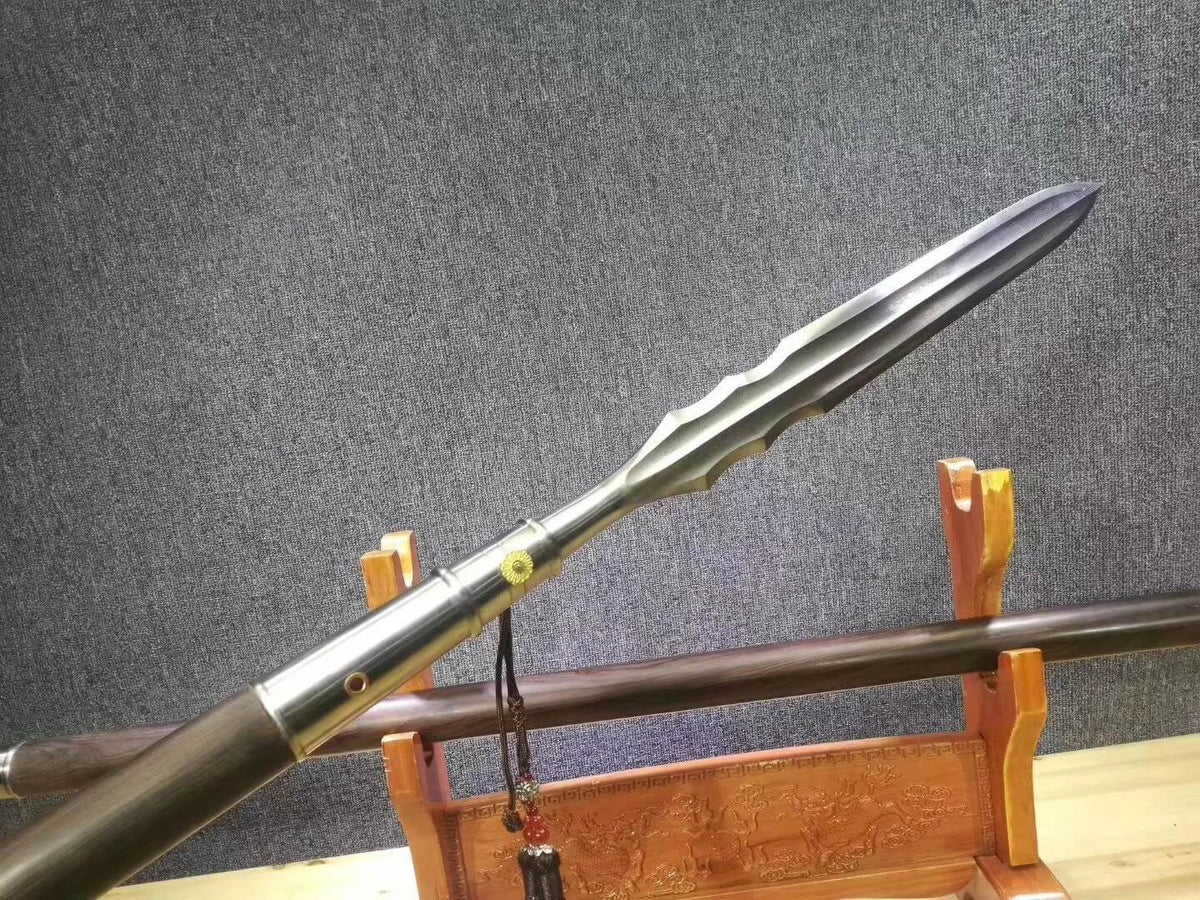 Spear,China lance,Damascus steel Spearhead,Ebony rod - Chinese sword shop