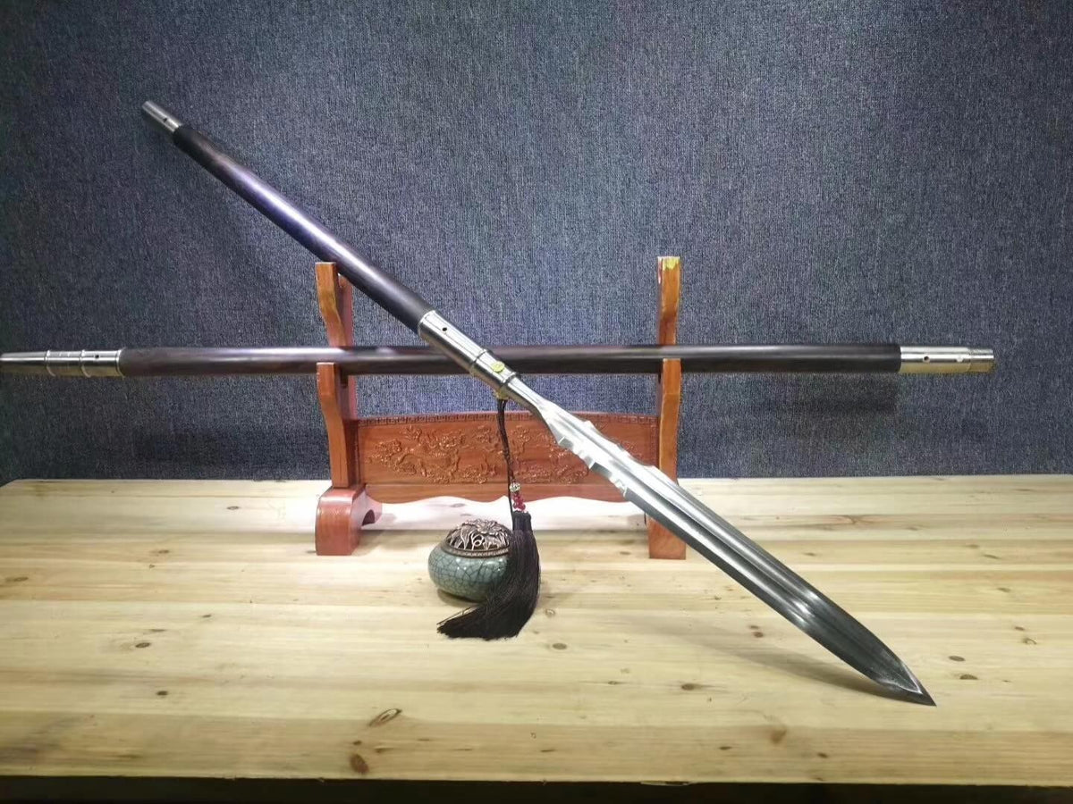 Spear,China lance,Damascus steel Spearhead,Ebony rod - Chinese sword shop