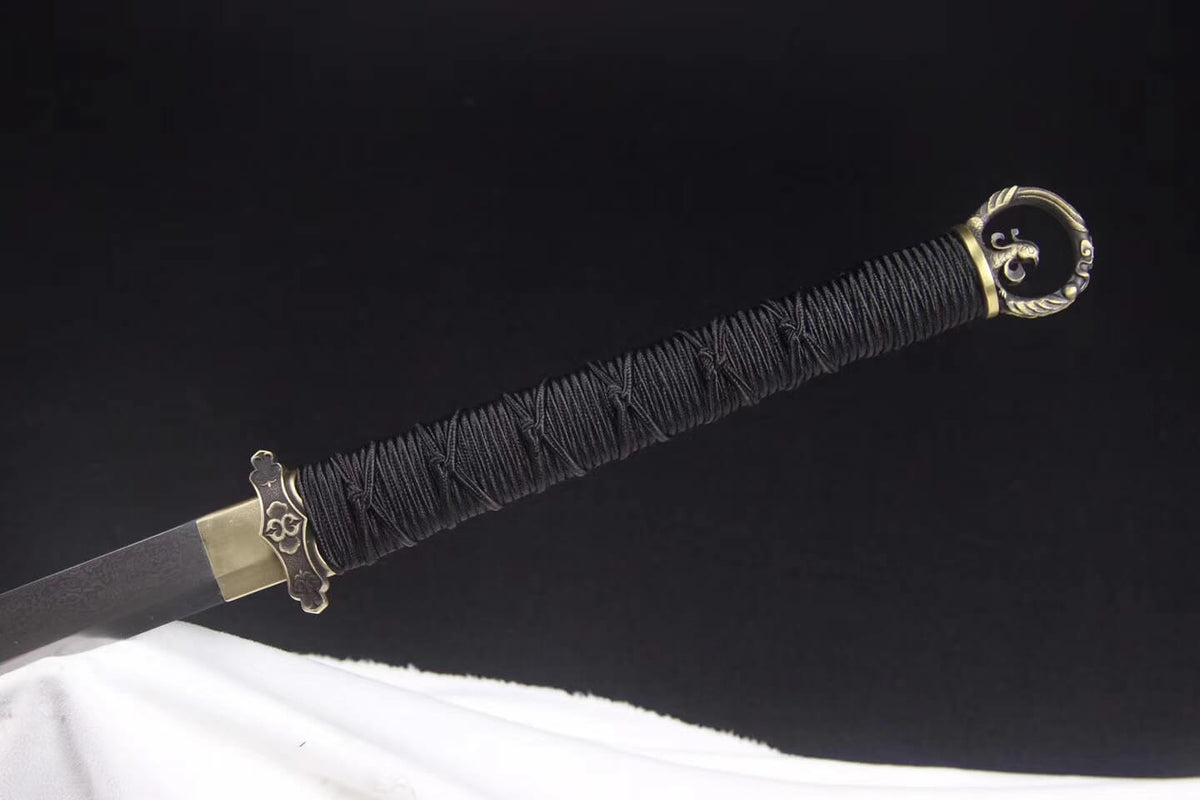 Ring-pommel tang jian/Damascus Steel blade/Black scabbard/Brass fittings - Chinese sword shop