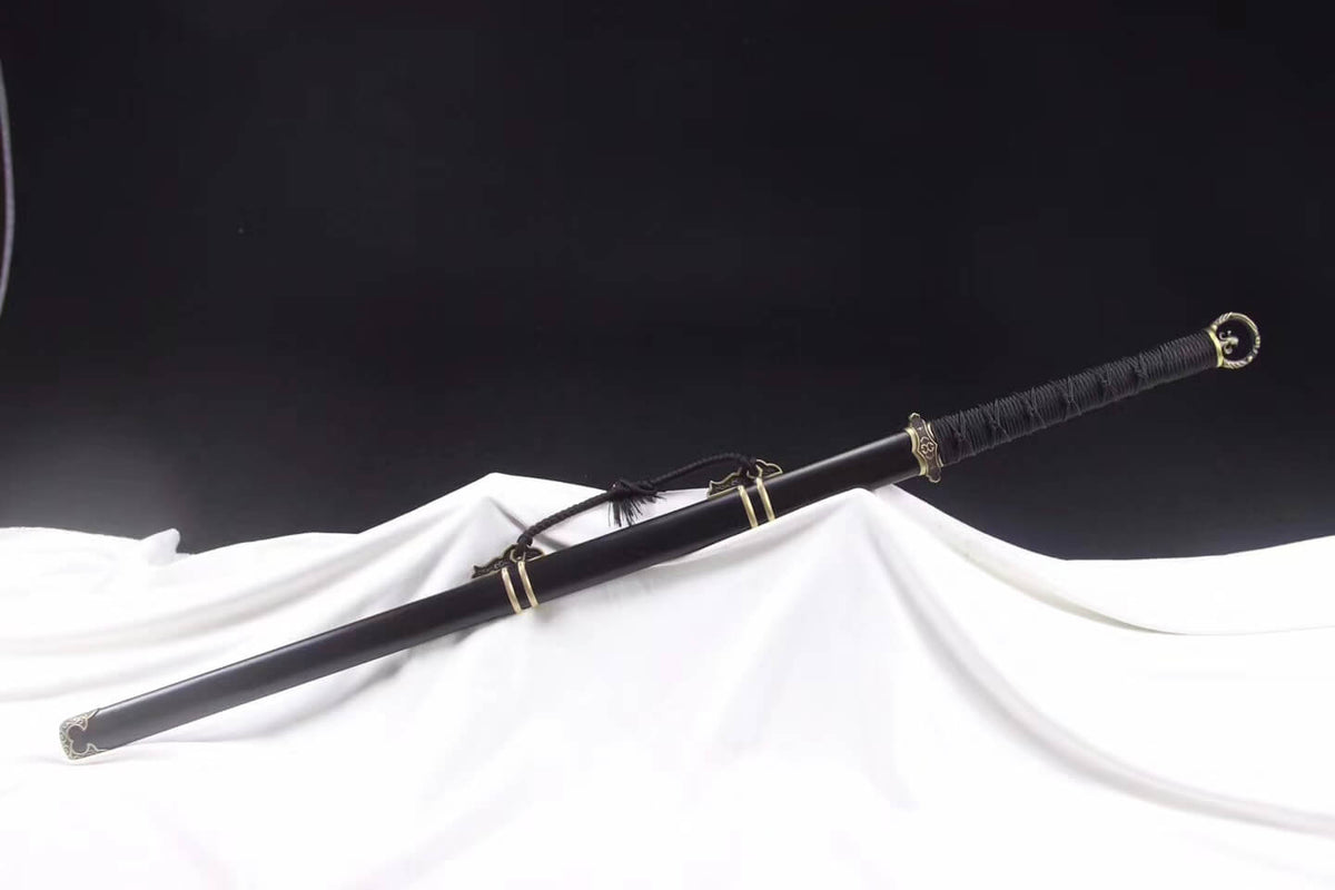 Ring-pommel tang jian/Damascus Steel blade/Black scabbard/Brass fittings - Chinese sword shop