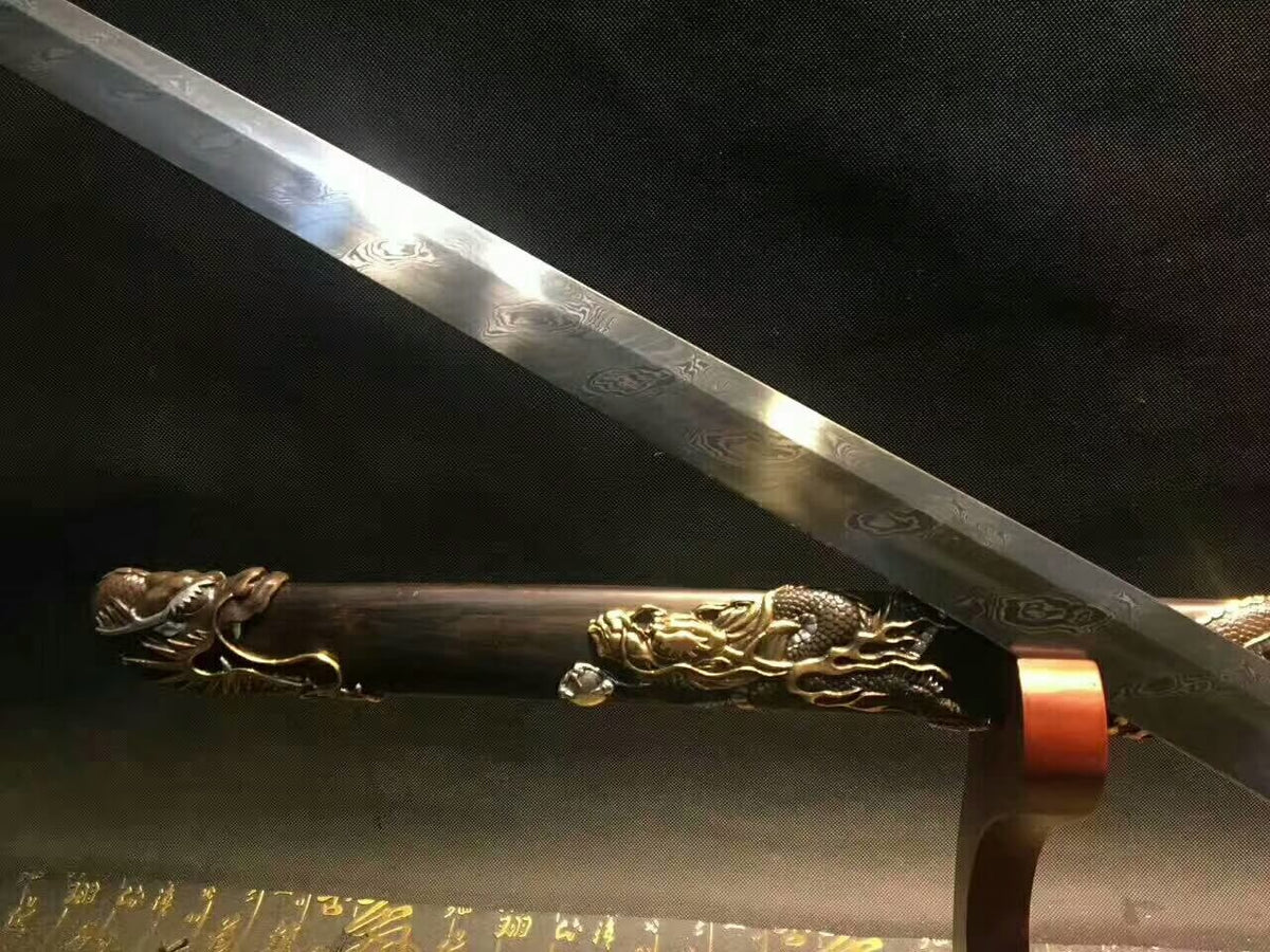 Tang dao(Damascus steel bade,Ebony scabbard,Brass fittings)Full tang,Length 45" - Chinese sword shop