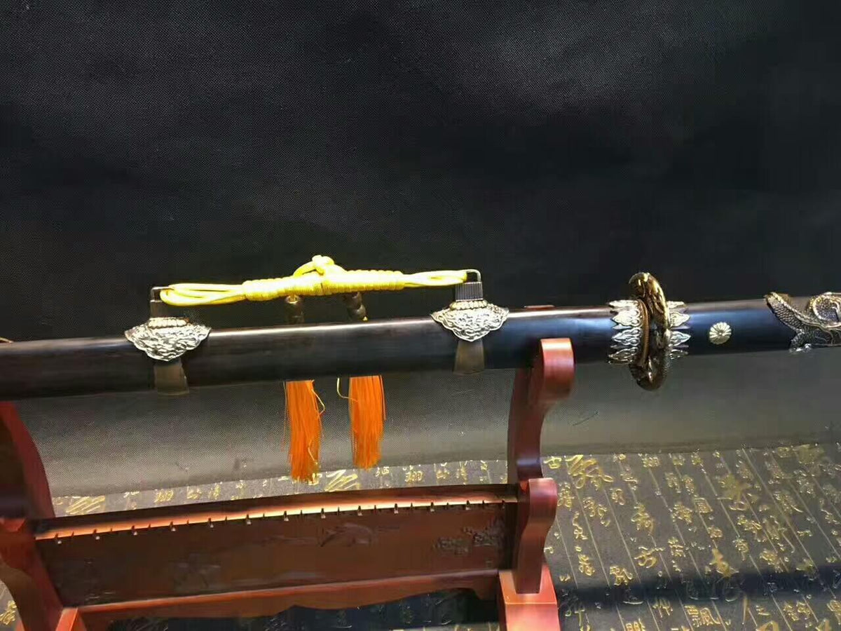Tang dao(Damascus steel bade,Ebony scabbard,Brass fittings)Full tang,Length 45" - Chinese sword shop