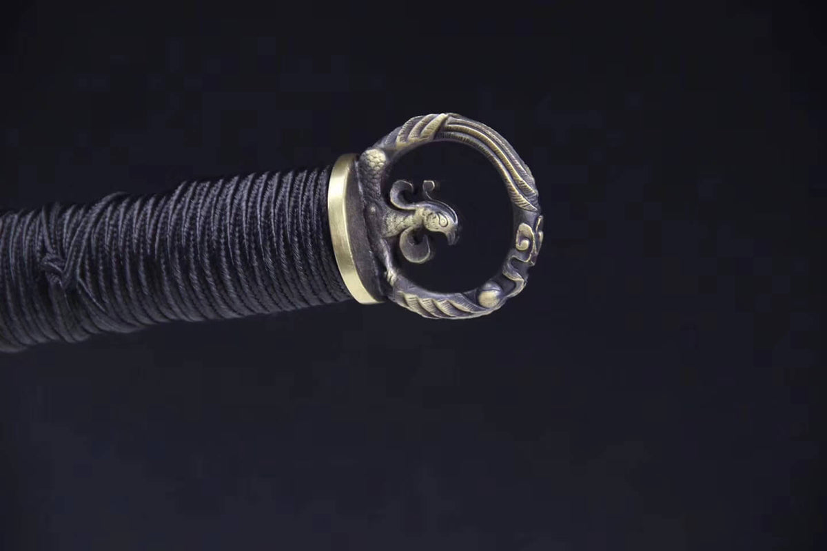 Ring-pommel tang jian/Damascus Steel blade/Black scabbard/Brass fittings - Chinese sword shop