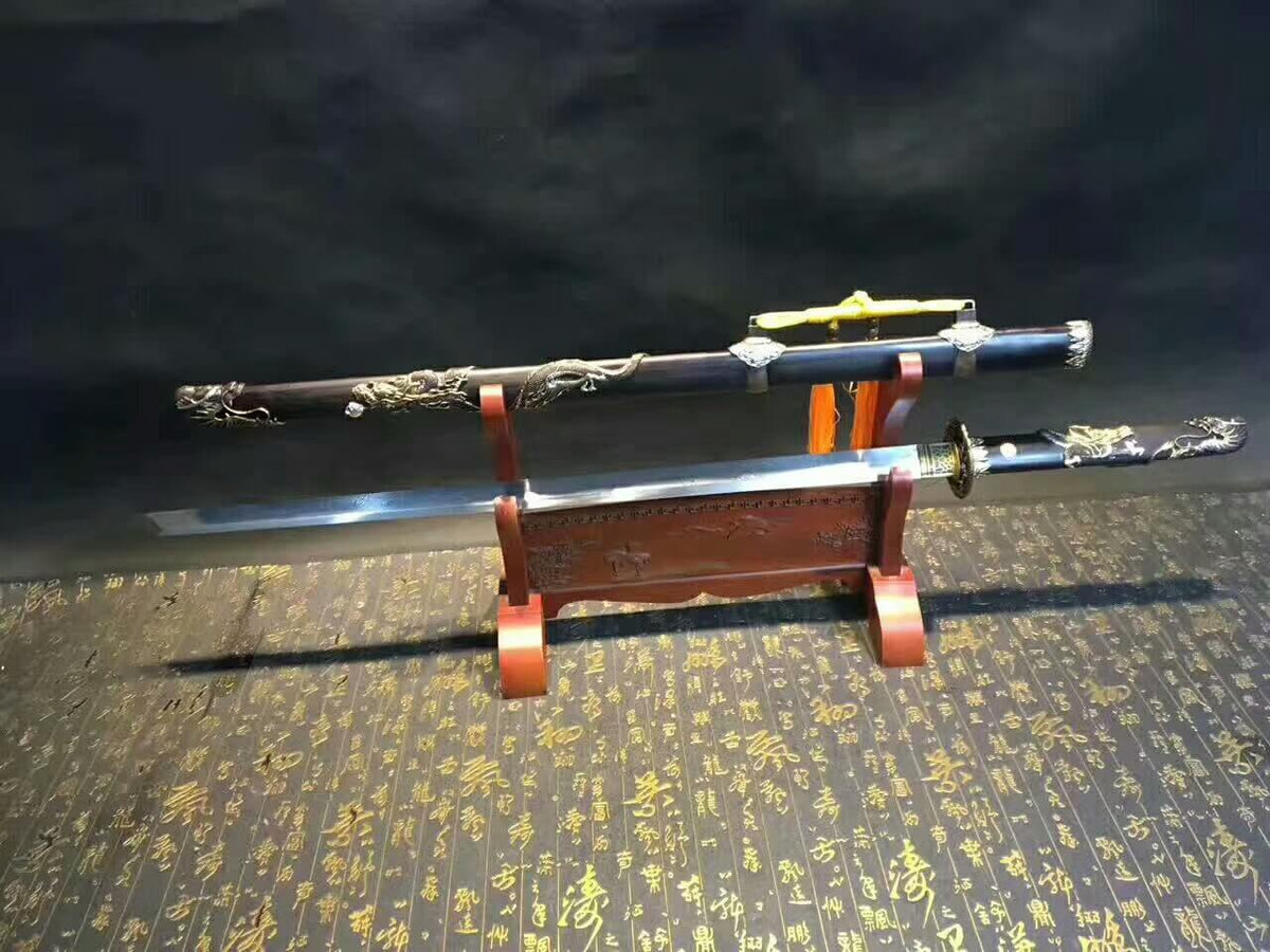 Tang dao(Damascus steel bade,Ebony scabbard,Brass fittings)Full tang,Length 45" - Chinese sword shop