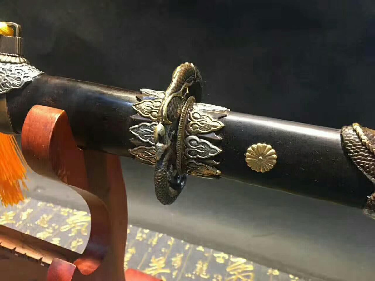 Tang dao(Damascus steel bade,Ebony scabbard,Brass fittings)Full tang,Length 45" - Chinese sword shop