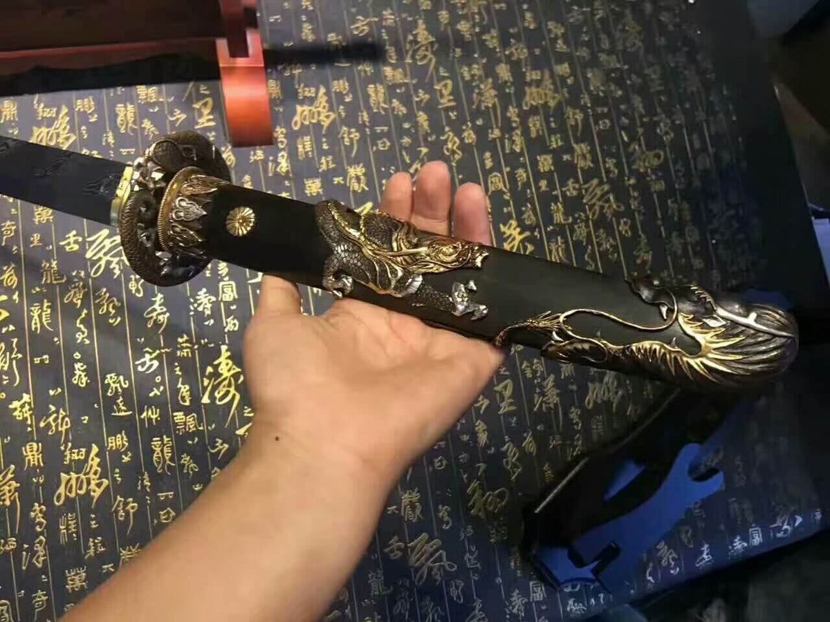 Tang dao(Damascus steel bade,Ebony scabbard,Brass fittings)Full tang,Length 45" - Chinese sword shop