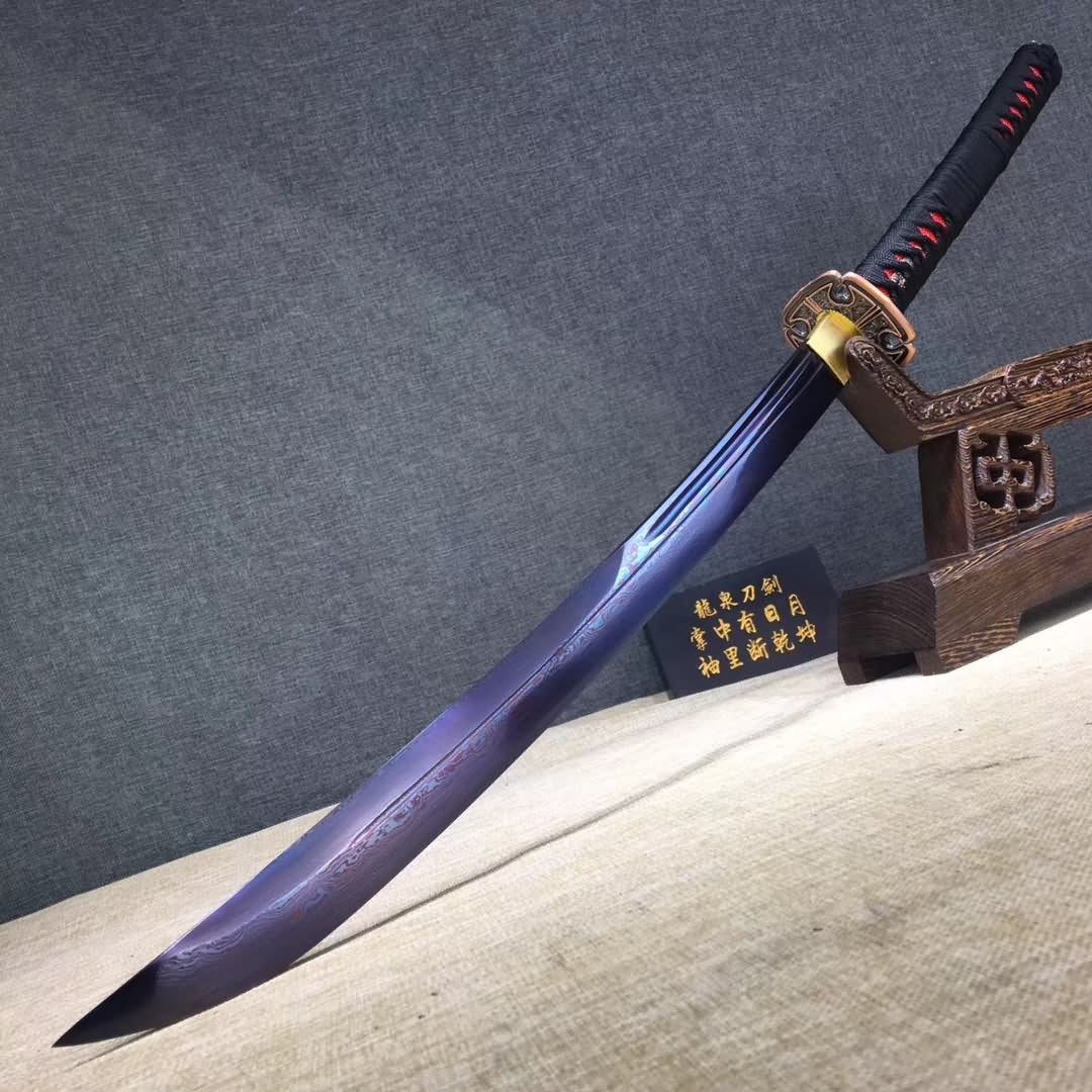 Samurai sword,Folding steel blue blade,Leather scabbard,Alloy Tosogu - Chinese sword shop