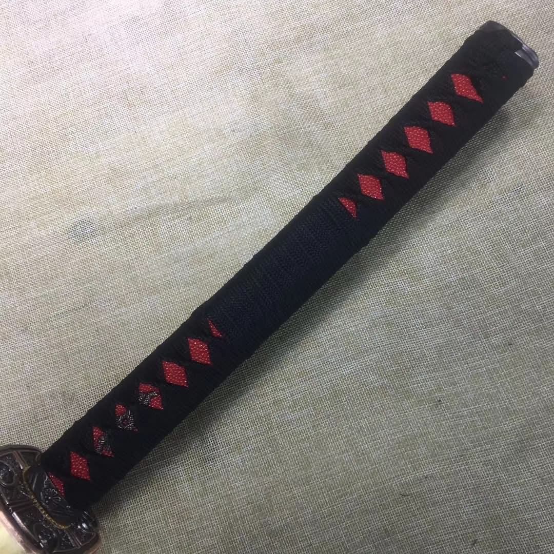 Samurai sword,Folding steel blue blade,Leather scabbard,Alloy Tosogu - Chinese sword shop