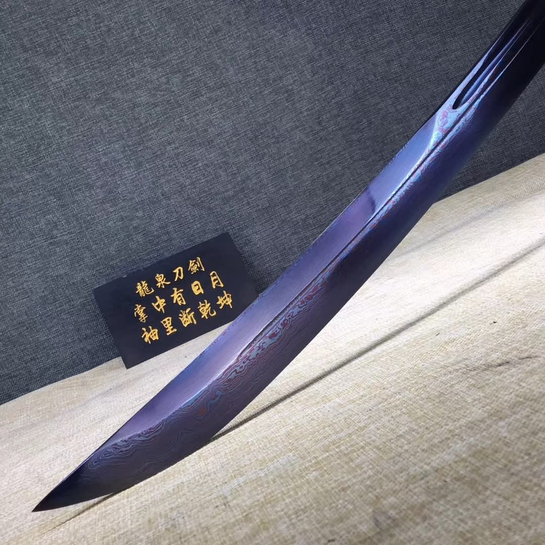 Samurai sword,Folding steel blue blade,Leather scabbard,Alloy Tosogu - Chinese sword shop