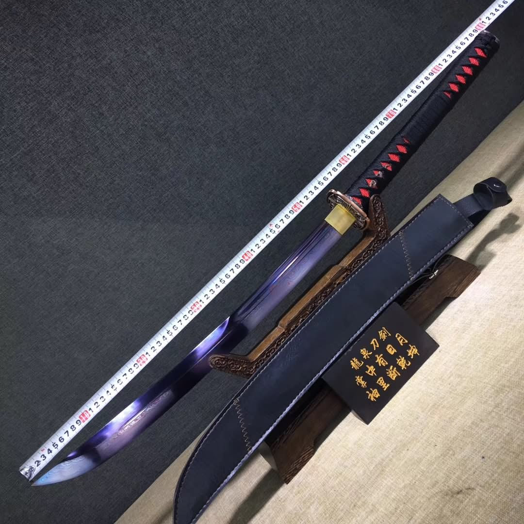 Samurai sword,Folding steel blue blade,Leather scabbard,Alloy Tosogu - Chinese sword shop