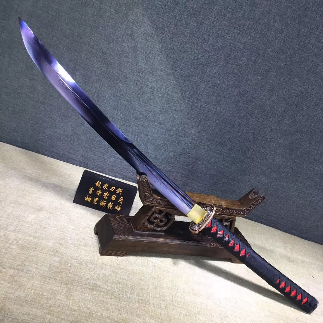 Samurai sword,Folding steel blue blade,Leather scabbard,Alloy Tosogu - Chinese sword shop