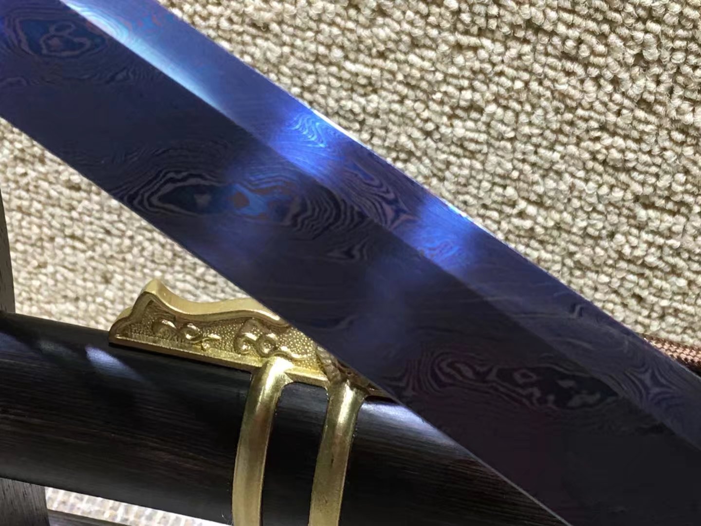 Tang dao,Damascus steel blue blade,Ebony scabbard,Brass fittings - Chinese sword shop