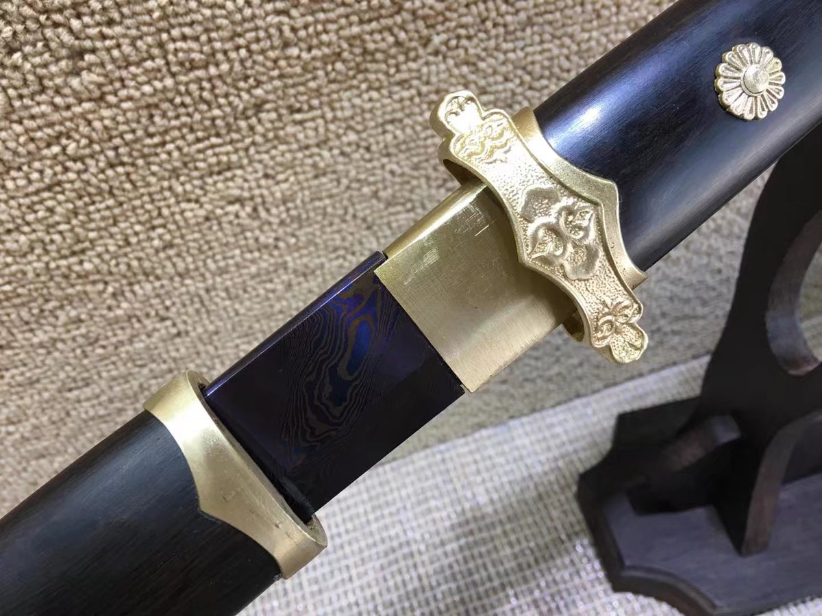 Tang dao,Damascus steel blue blade,Ebony scabbard,Brass fittings - Chinese sword shop