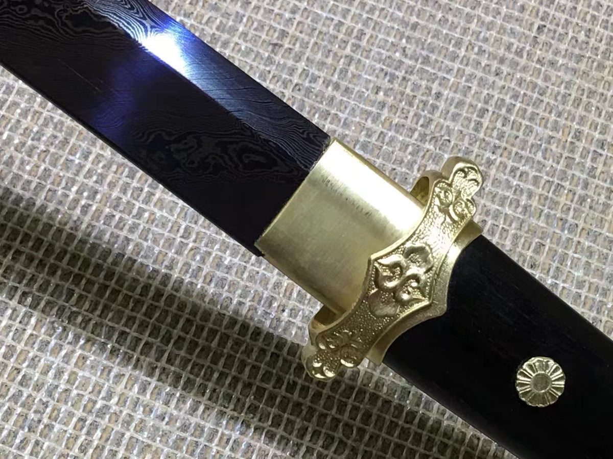 Tang dao,Damascus steel blue blade,Ebony scabbard,Brass fittings - Chinese sword shop