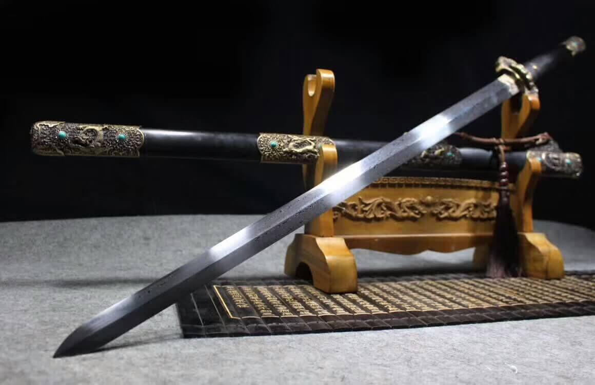 Tang sword(Damascus steel blade,Alloy fittings,Black scabbard)Length 40" - Chinese sword shop