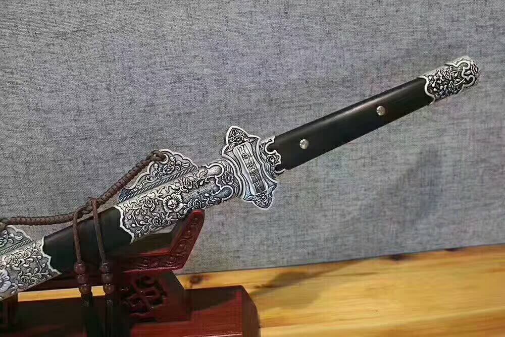 Tang jian/Damascus steel blade/Alloy fitted/Black scabbard/Length 41" - Chinese sword shop