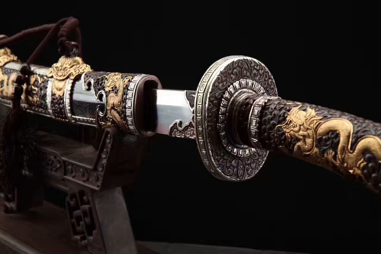 Loong broadsword,Damascus steel blade,Black skin scabbard,Brass fittings - Chinese sword shop