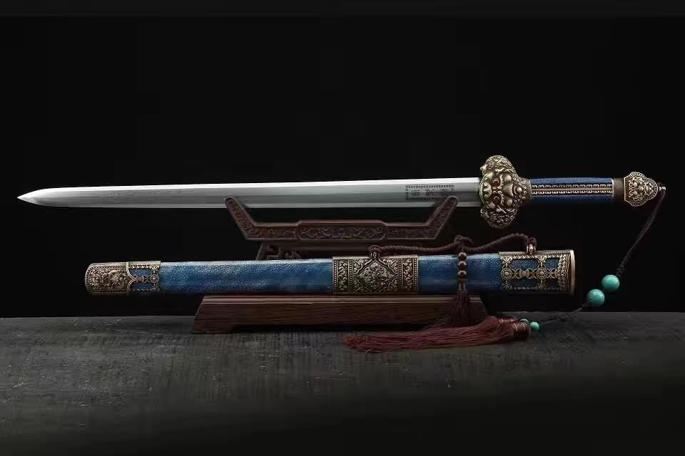 Yongle sword,Damascus steel blade,Blue skin scabbard,Brass - Chinese sword shop