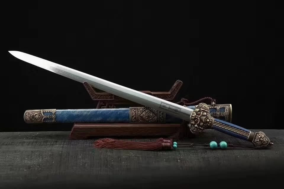 Yongle sword,Damascus steel blade,Blue skin scabbard,Brass - Chinese sword shop