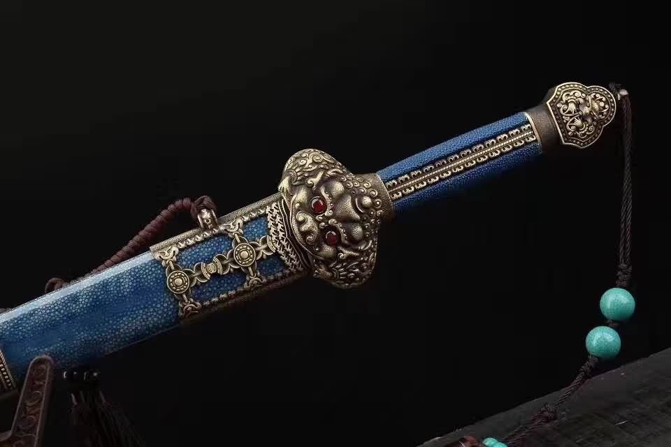 Yongle sword,Damascus steel blade,Blue skin scabbard,Brass - Chinese sword shop