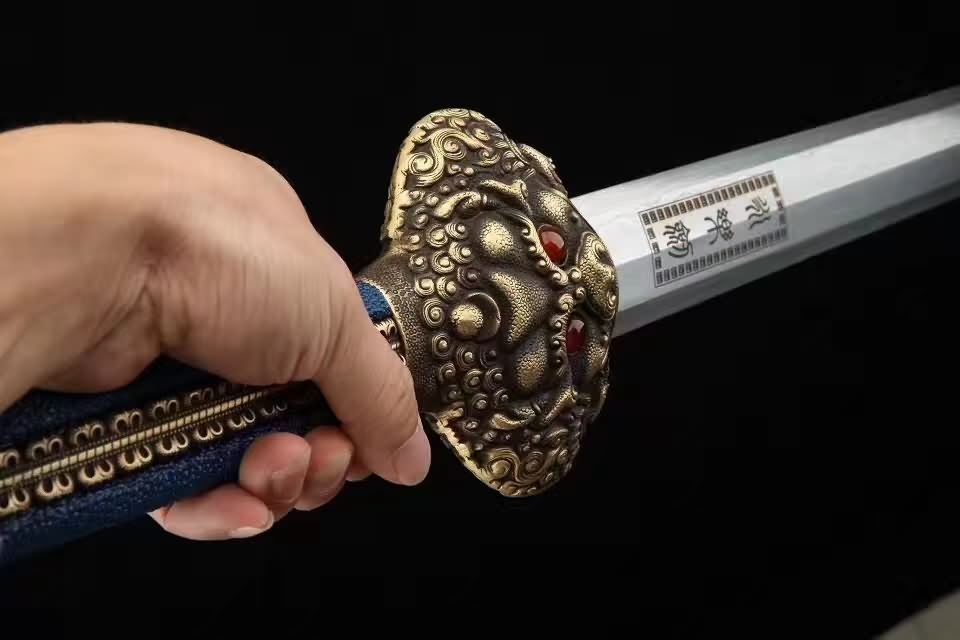Yongle sword,Damascus steel blade,Blue skin scabbard,Brass - Chinese sword shop