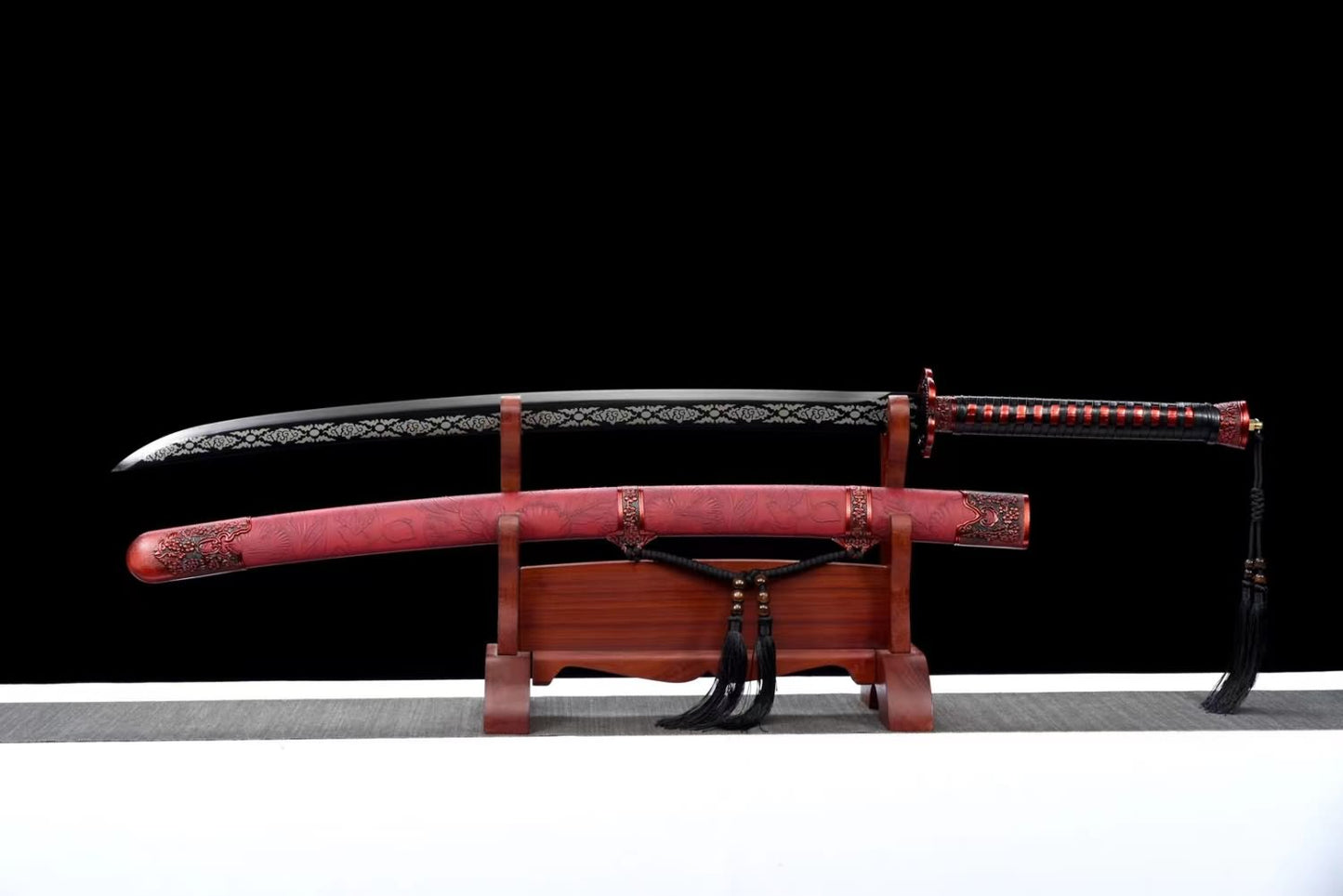 Qing dao Sword Real Forged High Carbon Steel Blade,Alloy Fittings,Red Scabbard