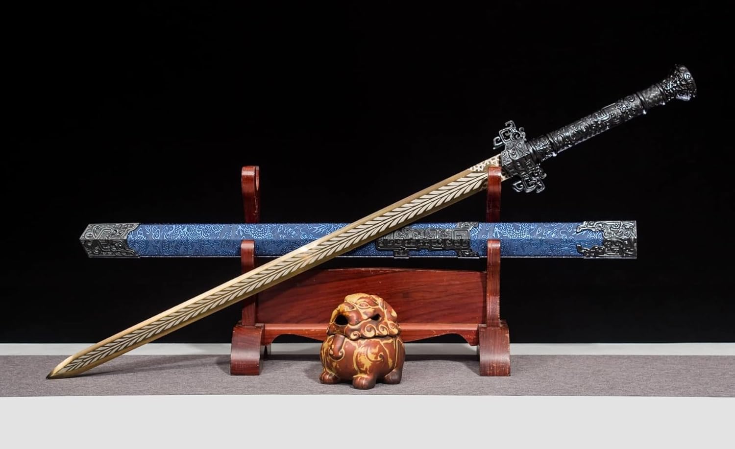 Golden Han Jian – Pattern Engraved Chinese Straight Sword with Blue Scabbard - Chinese Sword store