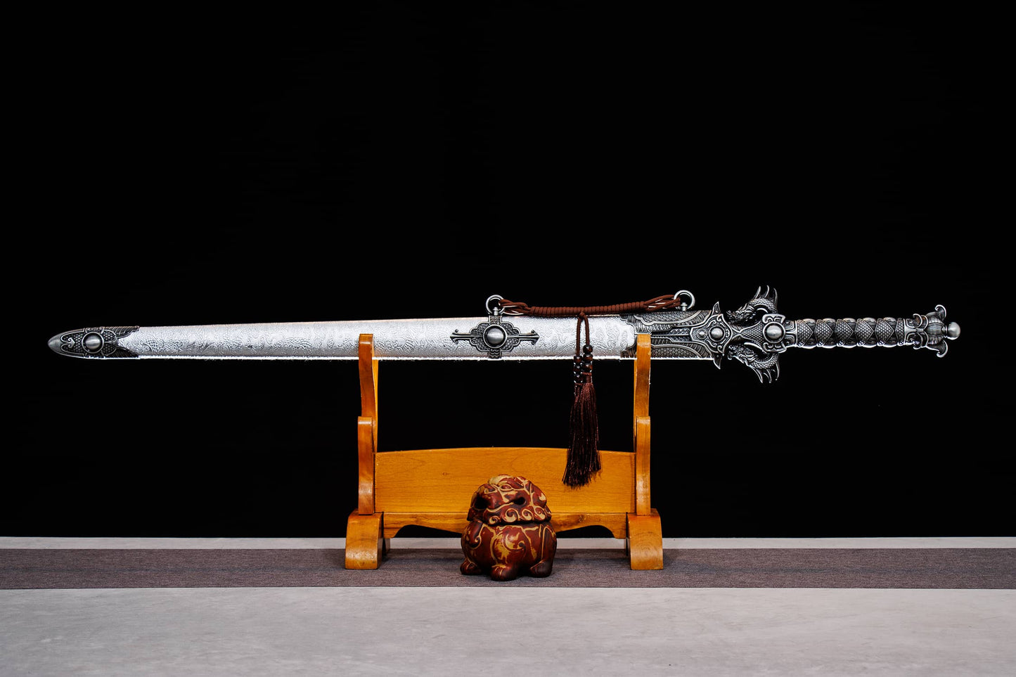 Double Dragon Jian | Hand-Forged High Manganese Steel Chinese Sword with Alloy Fittings & Silver Scabbard