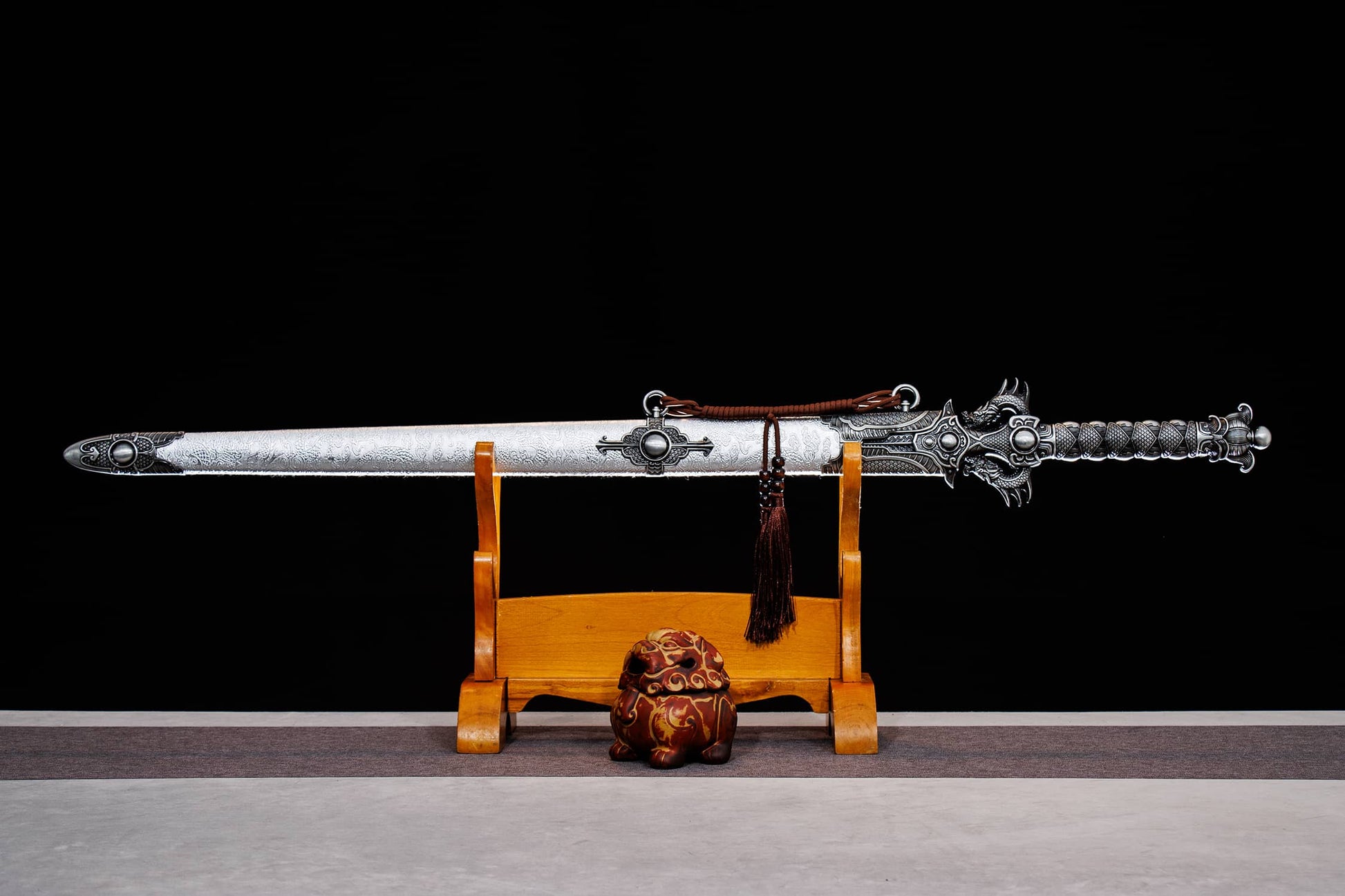Double Dragon Jian | Hand-Forged High Manganese Steel Chinese Sword with Alloy Fittings & Silver Scabbard