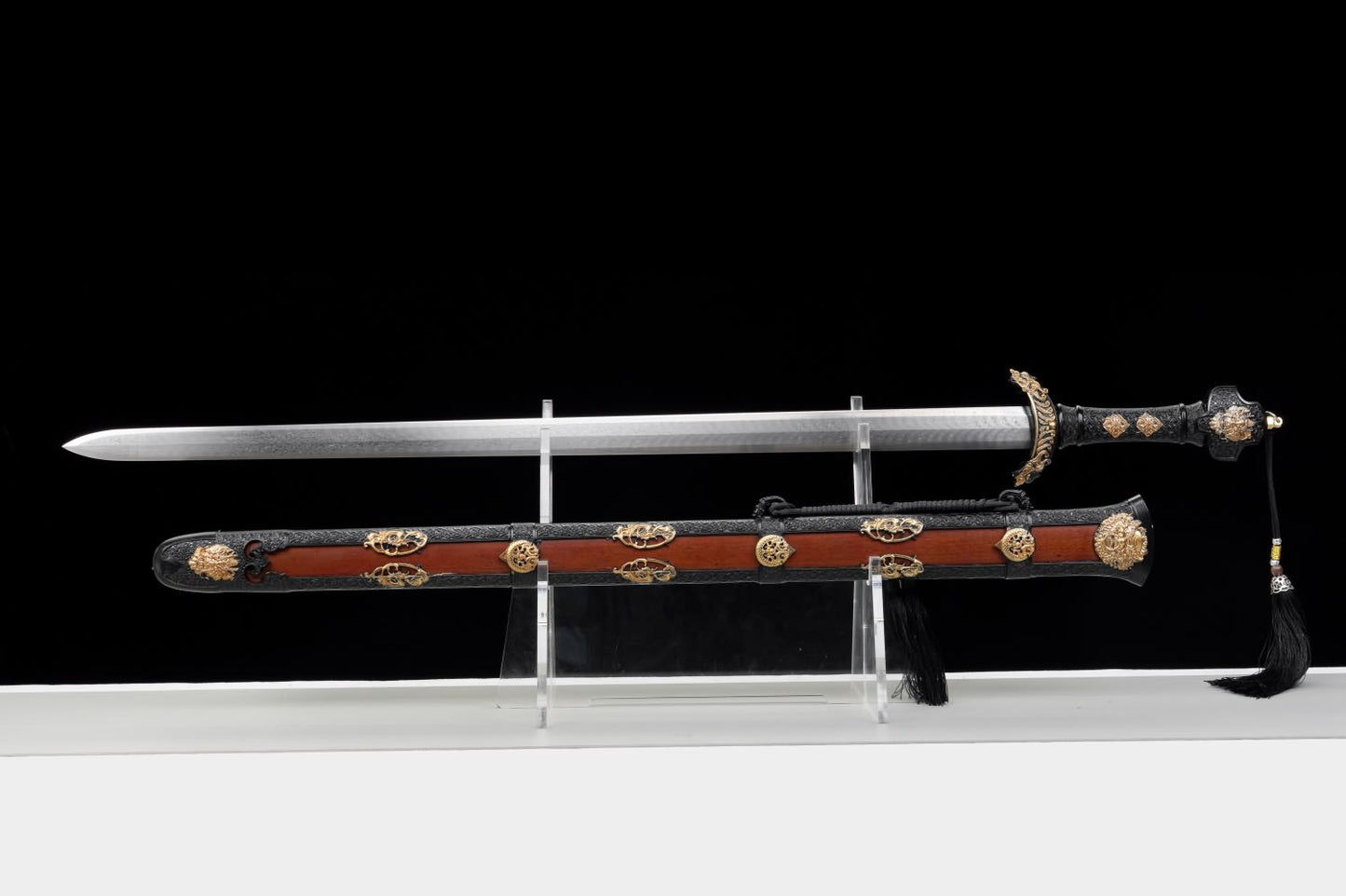 Hanwu Emperor Jian – Hand Forged Folded Pattern Steel Chinese Han Sword with Eight-Facet Blade and Black-Gold Fittings