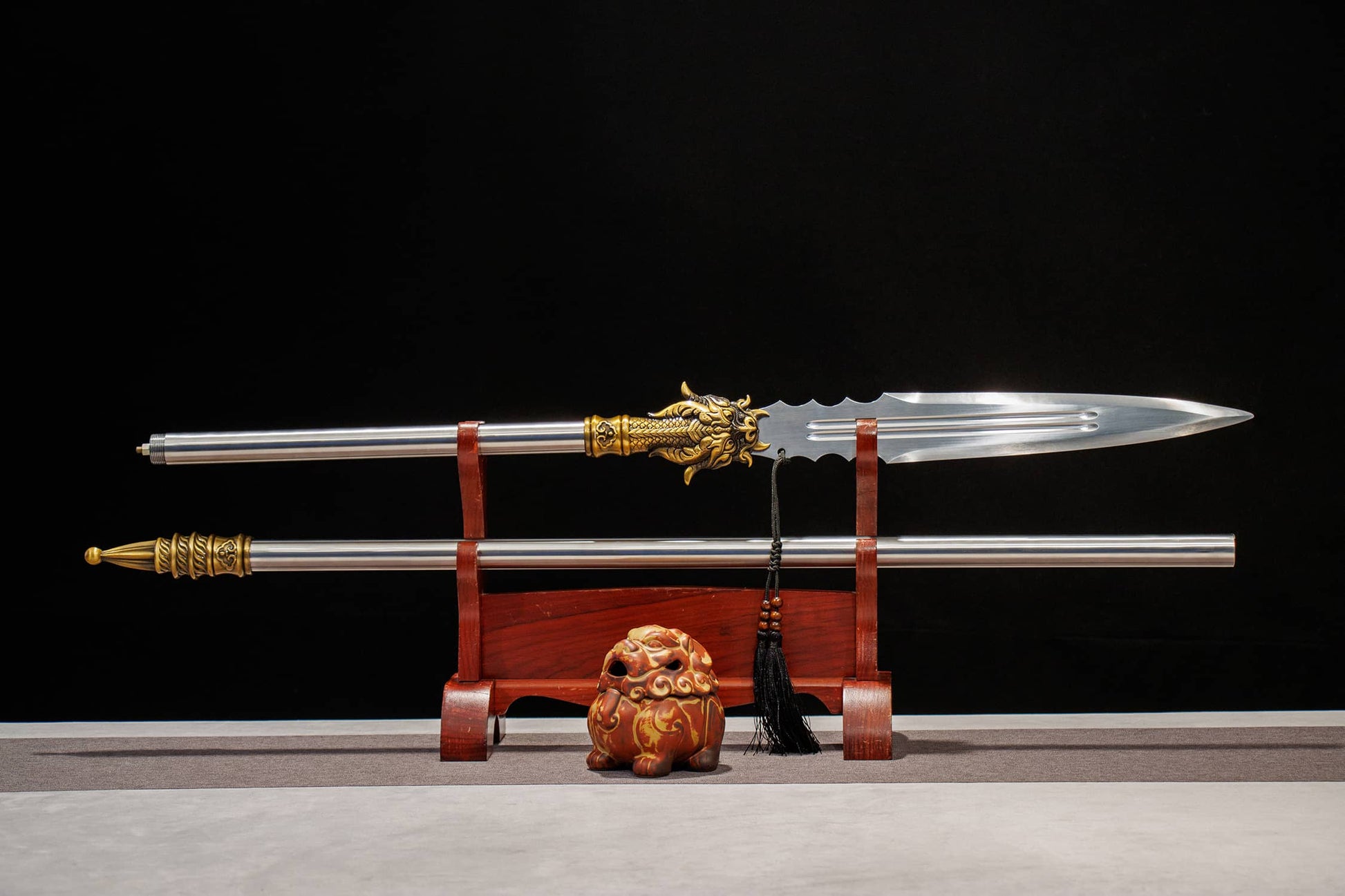 Yinglong Qiang | Hand-Forged High Manganese Steel Chinese Spear with Dragon Motif Socket & Polished Steel Shaft