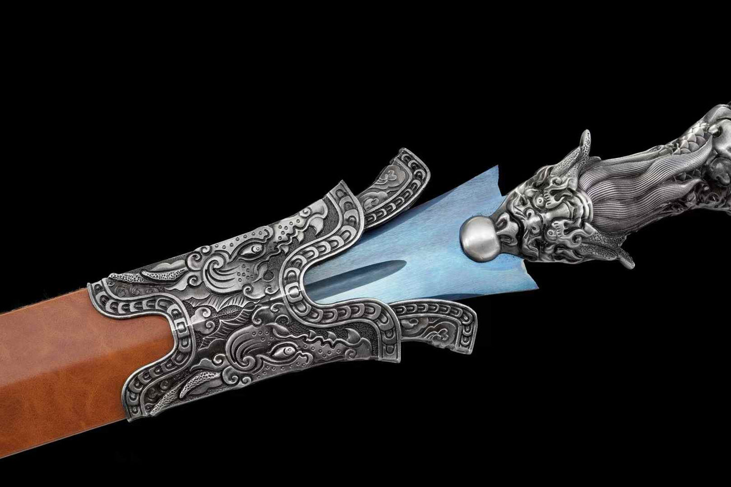 Panlong Jian – Dragon Handle Chinese Sword with Blue Blade & Wood Scabbard