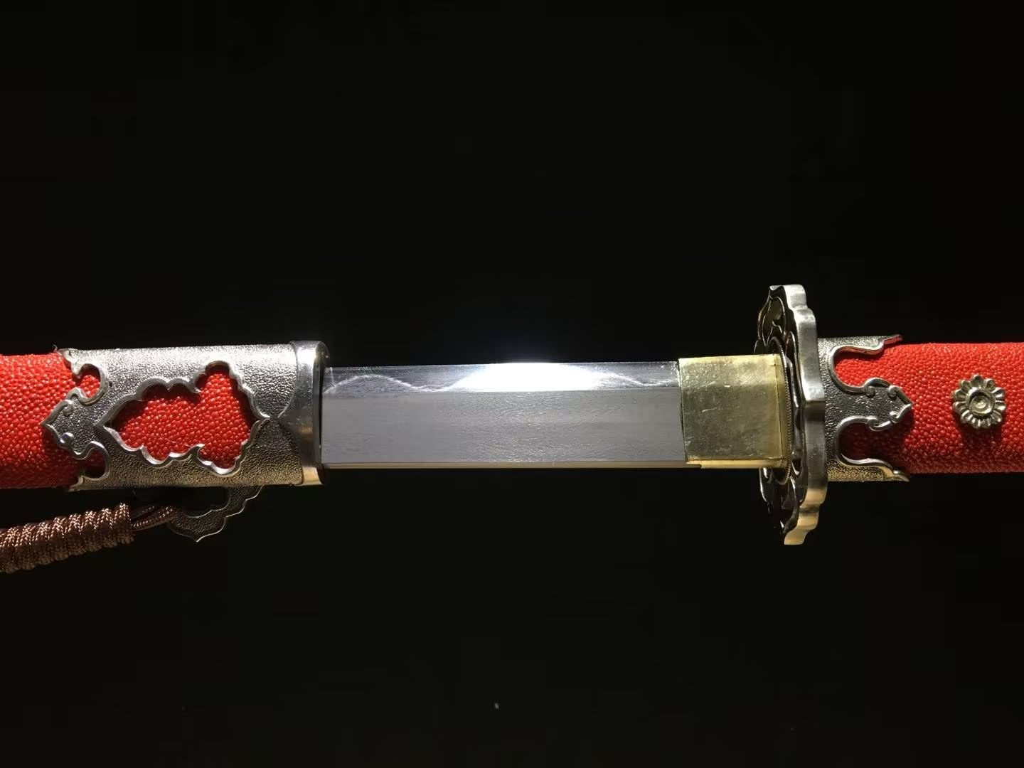 Tang Sword, Damascus Steel Blade, Red Pearl Fishskin Scabbard,Brass Fittings