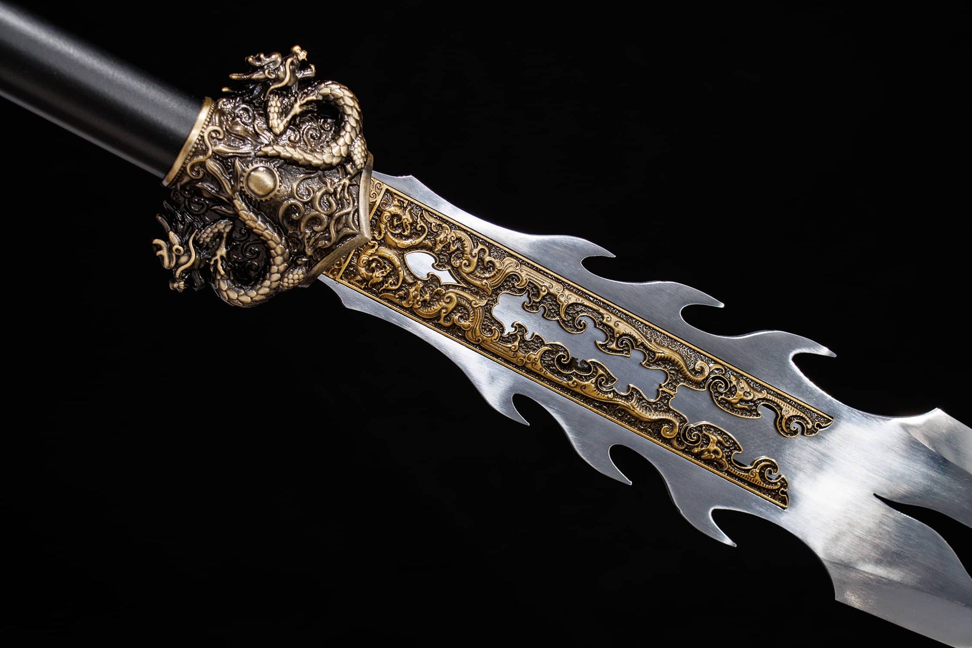 Flame Spear | Hand-Forged High Manganese Steel Chinese Polearm with Dragon Relief Fittings for Wushu & Display