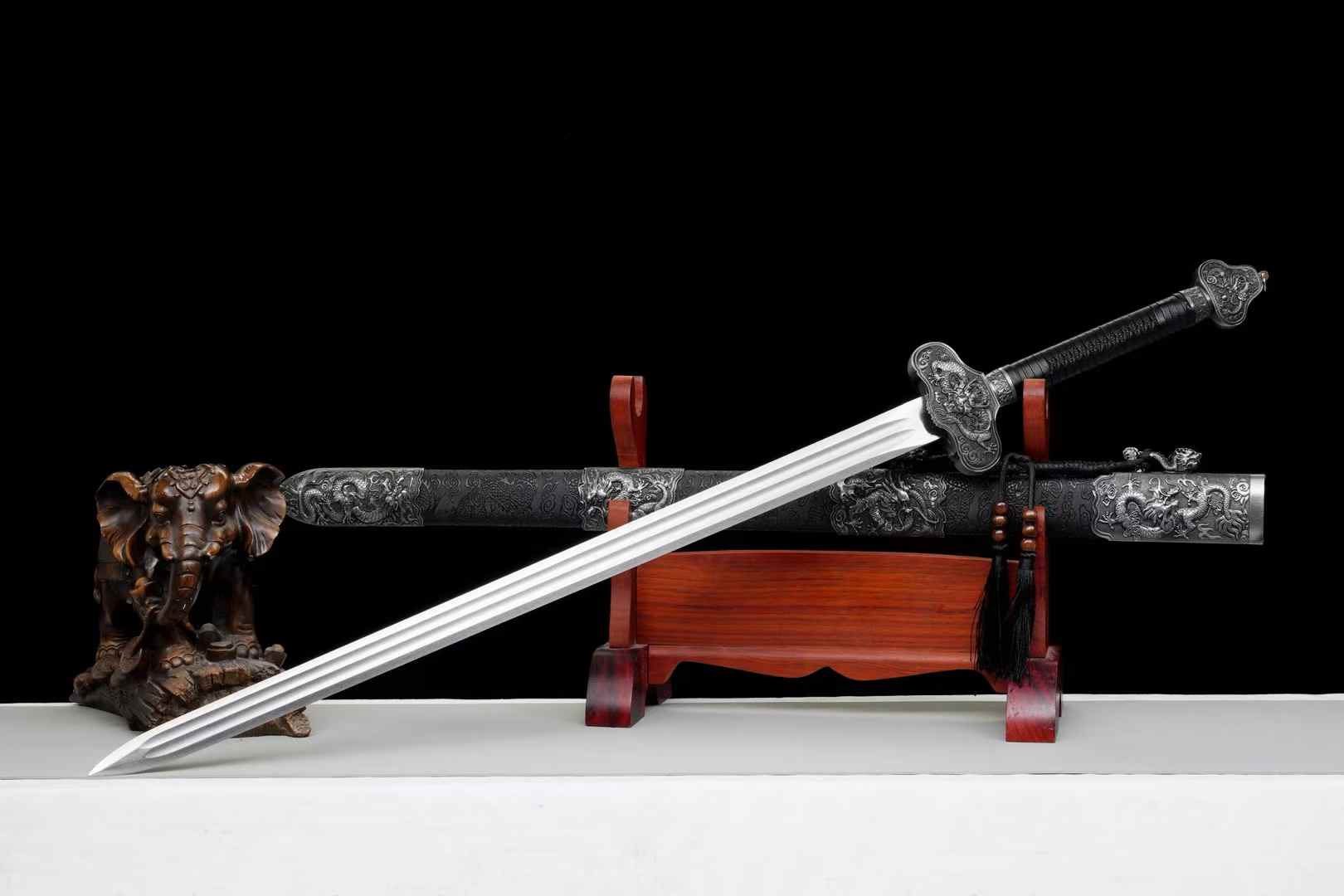 Jiulong Jian | Hand-Forged High Manganese Steel Chinese Sword with Double Fullers & Cord-Wrapped Handle