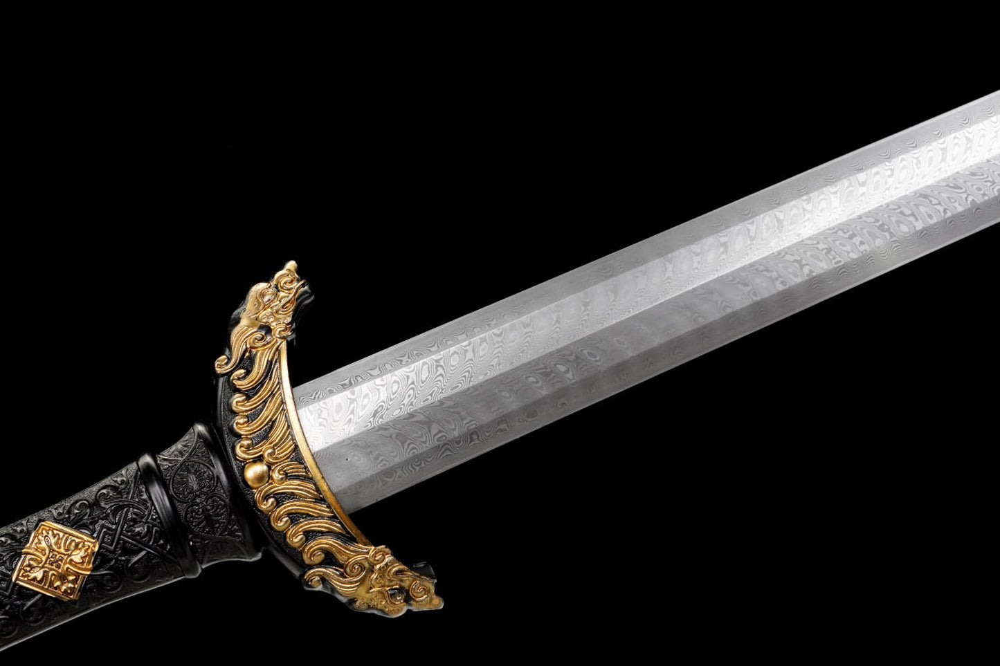 Hanwu Emperor Jian – Hand Forged Folded Pattern Steel Chinese Han Sword with Eight-Facet Blade and Black-Gold Fittings